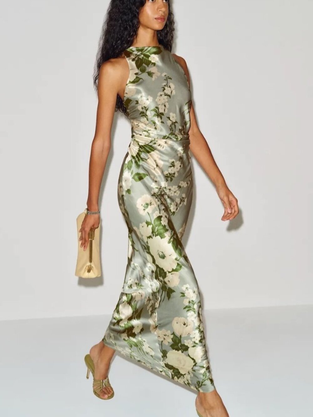 NEW Reformation Anaiis Long Backless Silk Dress Tarragon Green Floral US 4 UK 8
